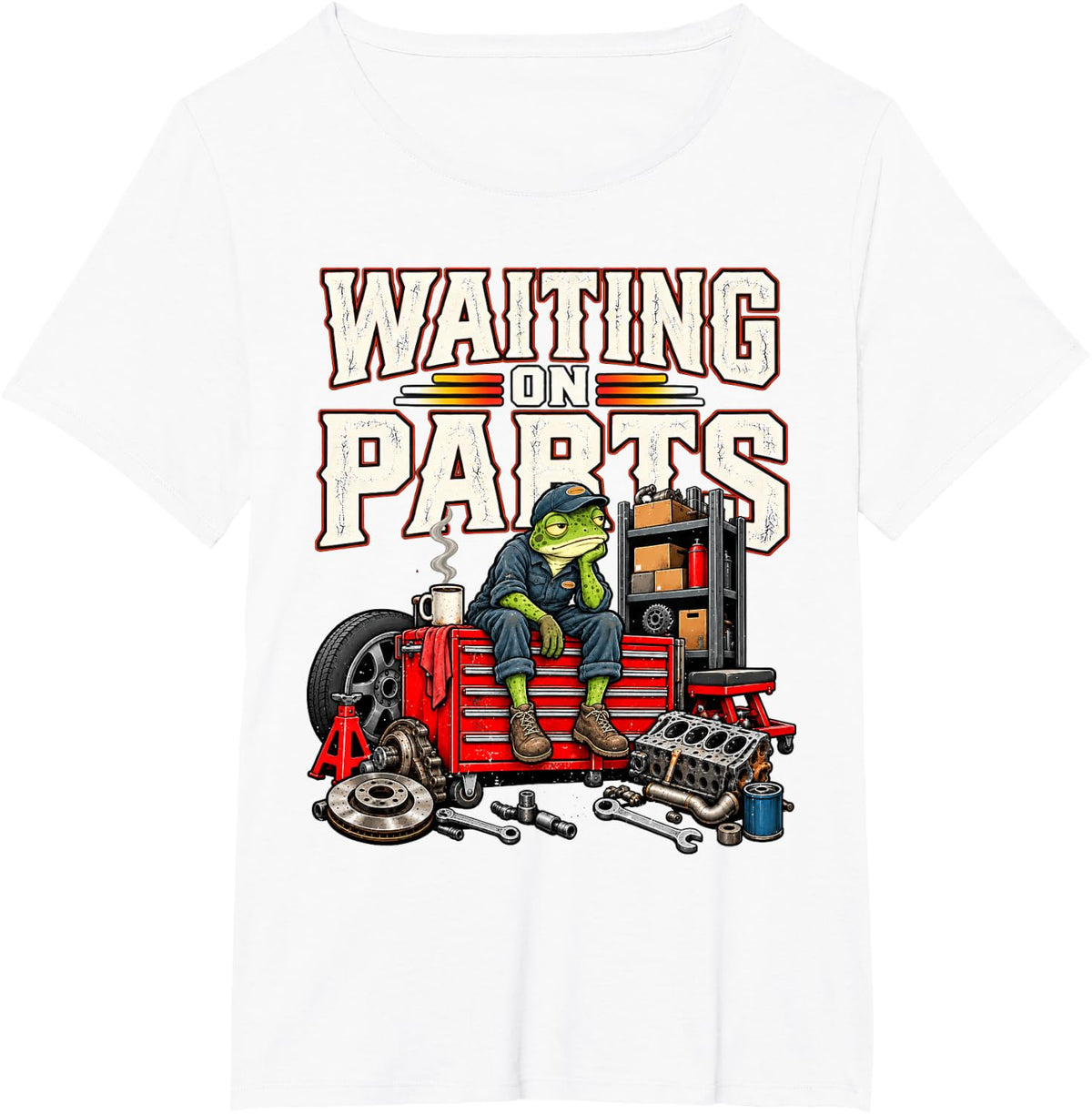 Waiting On Parts Funny Frog Auto Mechanic Technician T-Shirt - White