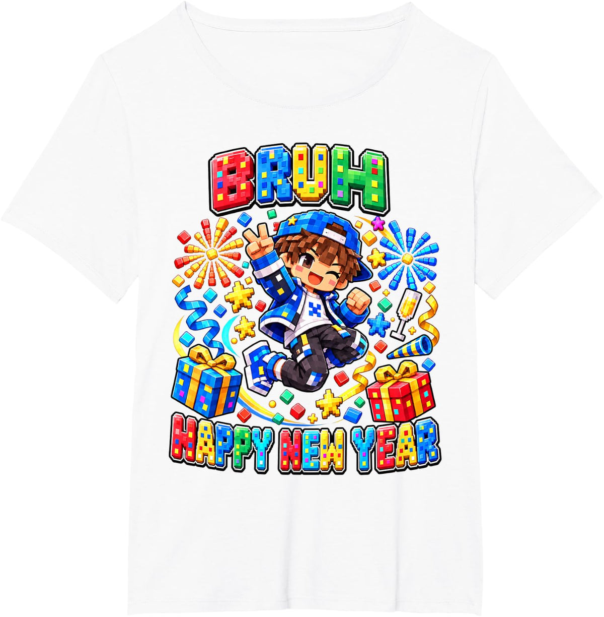 Dabbing Pixel Boy Gamer Shirt Bruh Its New Year Boy T-Shirt - White