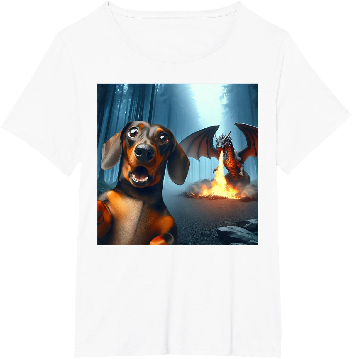 Dachshund Selfie with dragon surprised Dachshund dragon T-Shirt - White