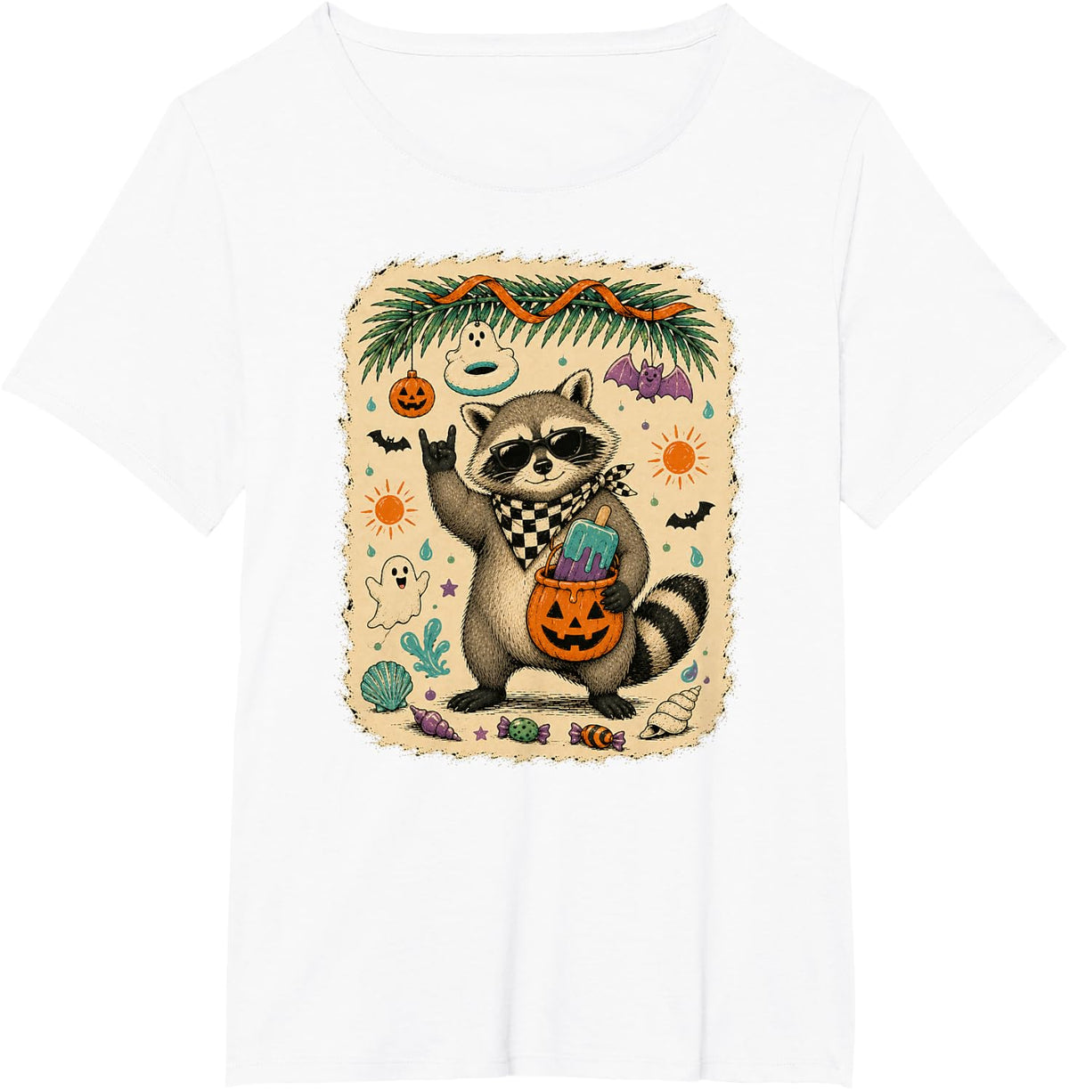 Rocker Raccoon Summerween Funny Trash Panda Spooky Beach T-Shirt - White