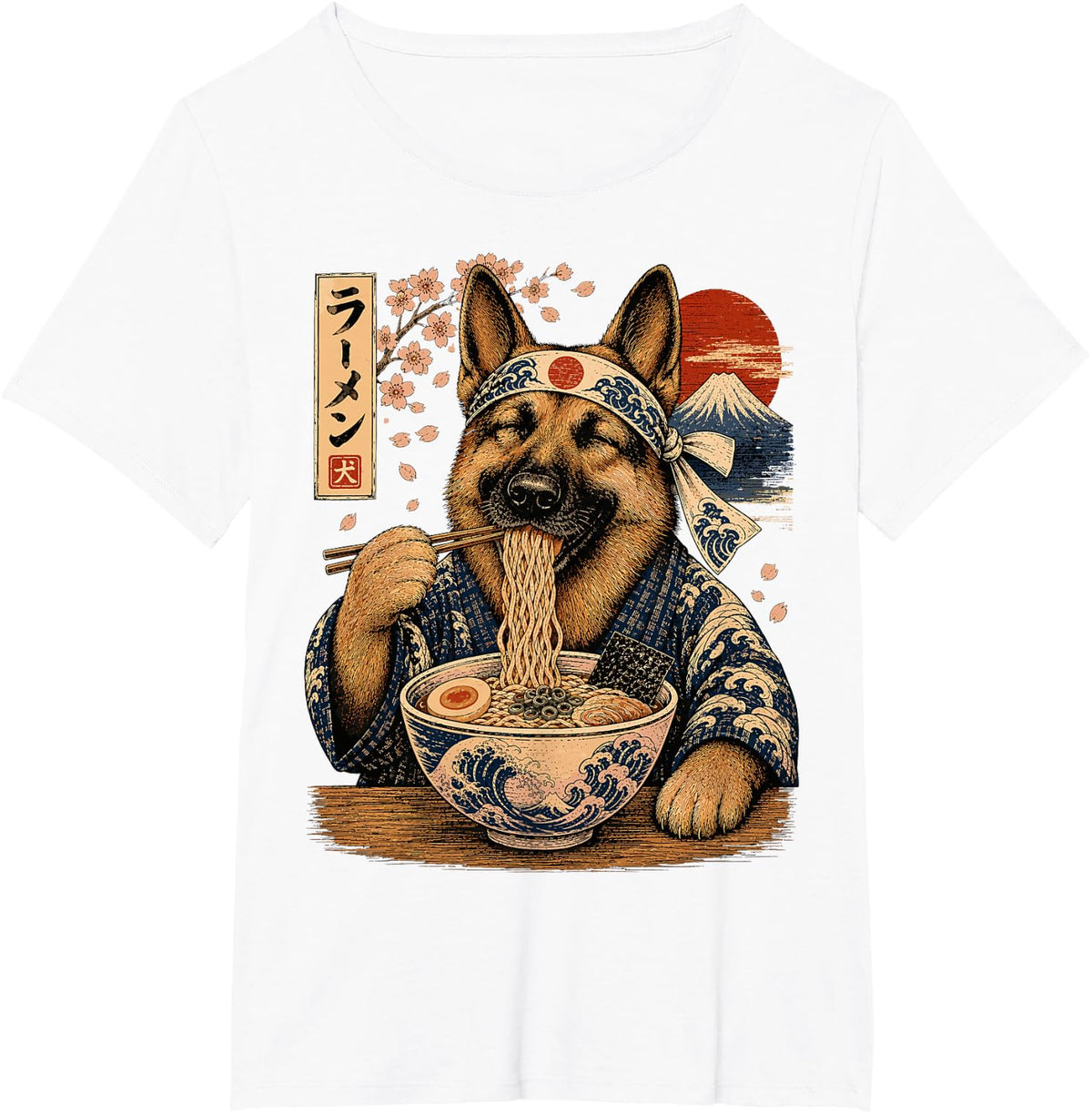 German Shepherd Dog Eating Ramen Japanese Shepherd T-Shirt - White