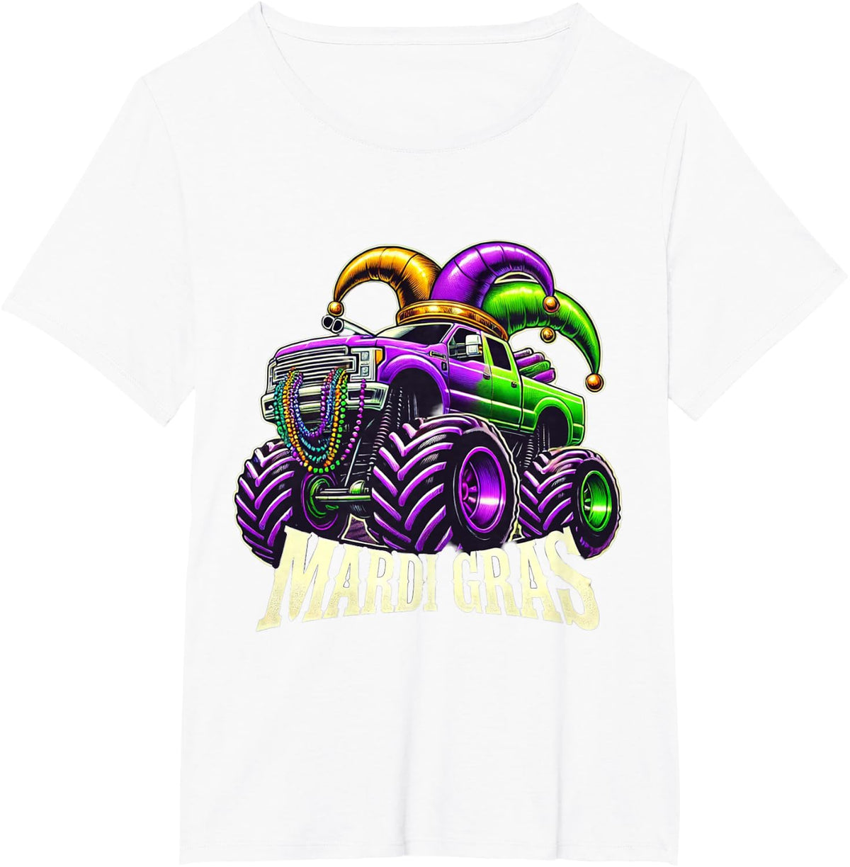 Mardi Gras Monster Truck Jester Carnival Boys Girls T-Shirt - White