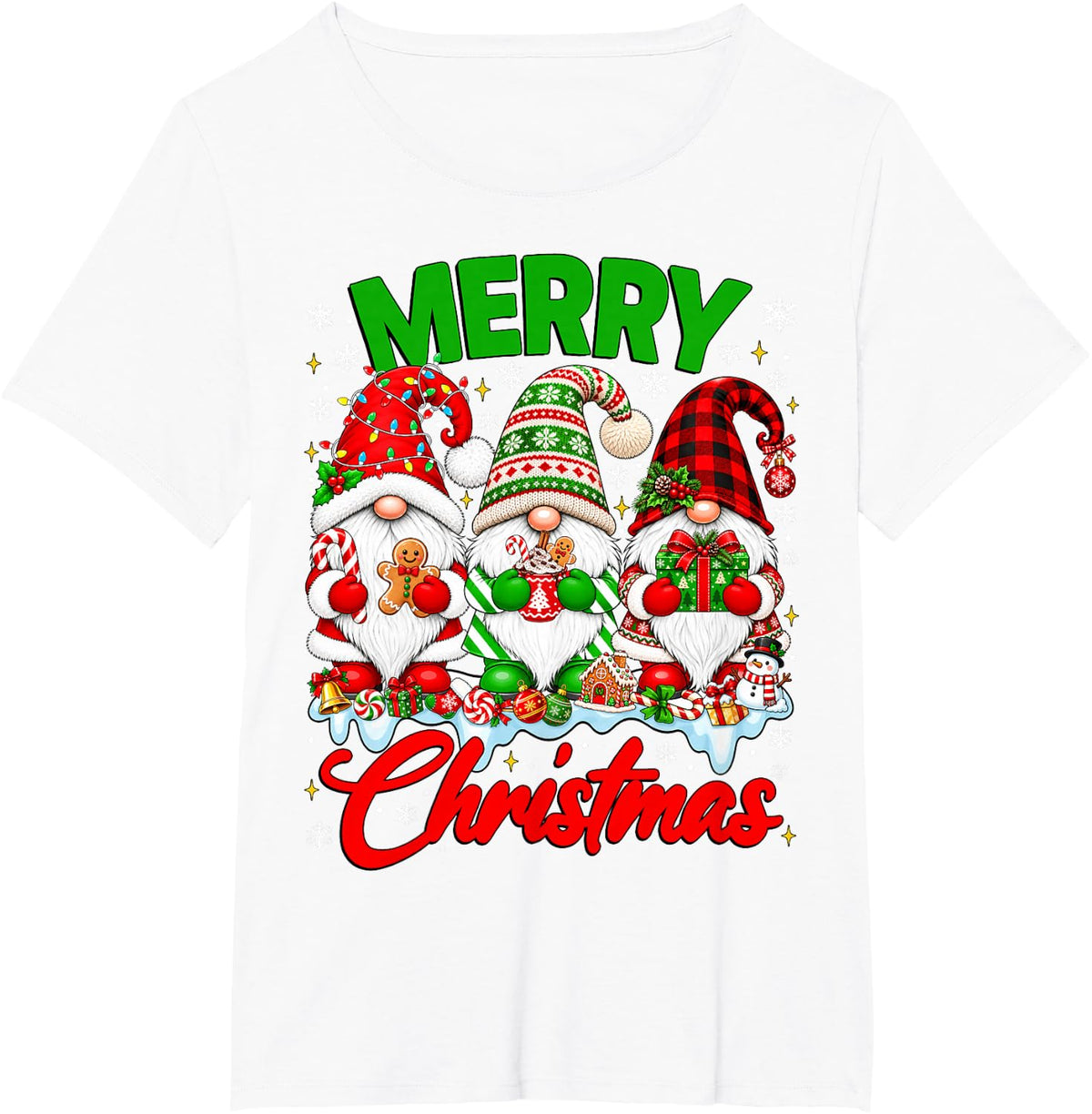 Three Christmas Gnomes Buffalo Plaid Red Merry Xmas Family T-Shirt - White