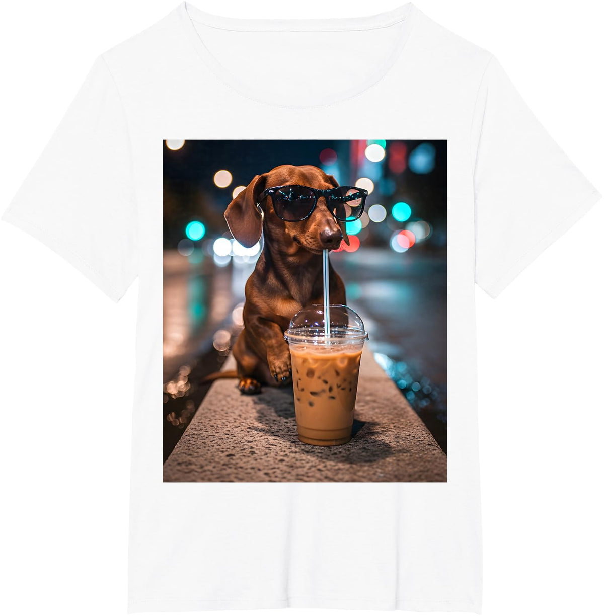 Cool Dachshund Drinking Iced Coffee Funny Wiener Dog T-Shirt - White