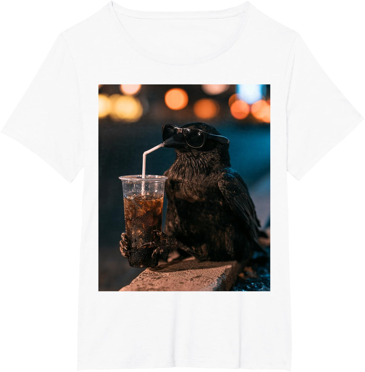 Crow Drinking Iced Coffee Wearing Sunglasses Meme T-Shirt - White