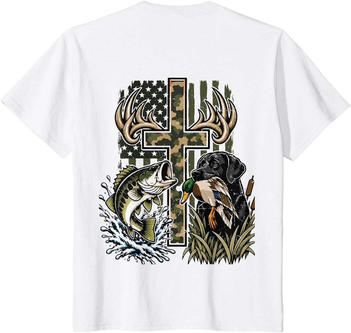 Youth Camo Duck Hunting Cross Black Lab Dog Bass Fish Faith T-Shirt - White