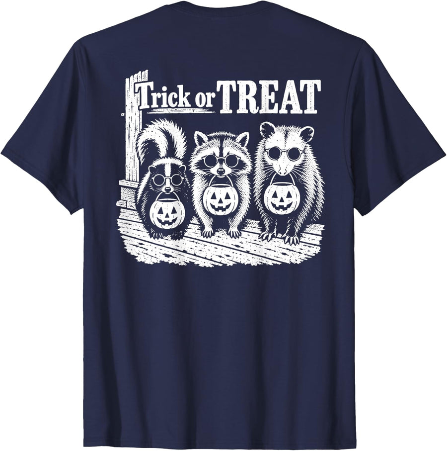 On Back Raccoon Opossum Skunk Halloween Trick or Treat Feral T-Shirt - Navy Blue