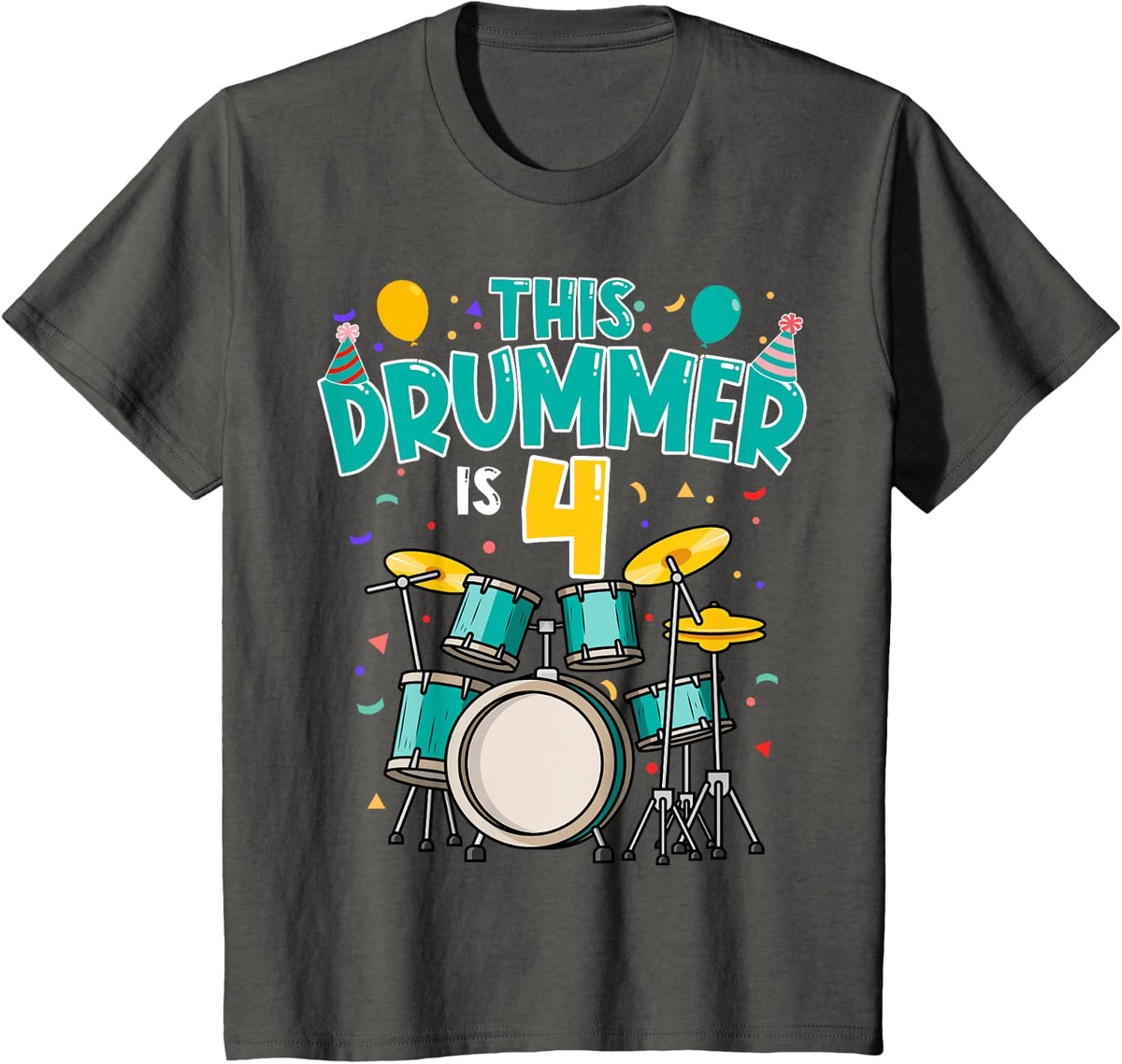 4 Years Old Drummer 4th Birthday Drum Set Drumming T-Shirt - Asphalt Grey