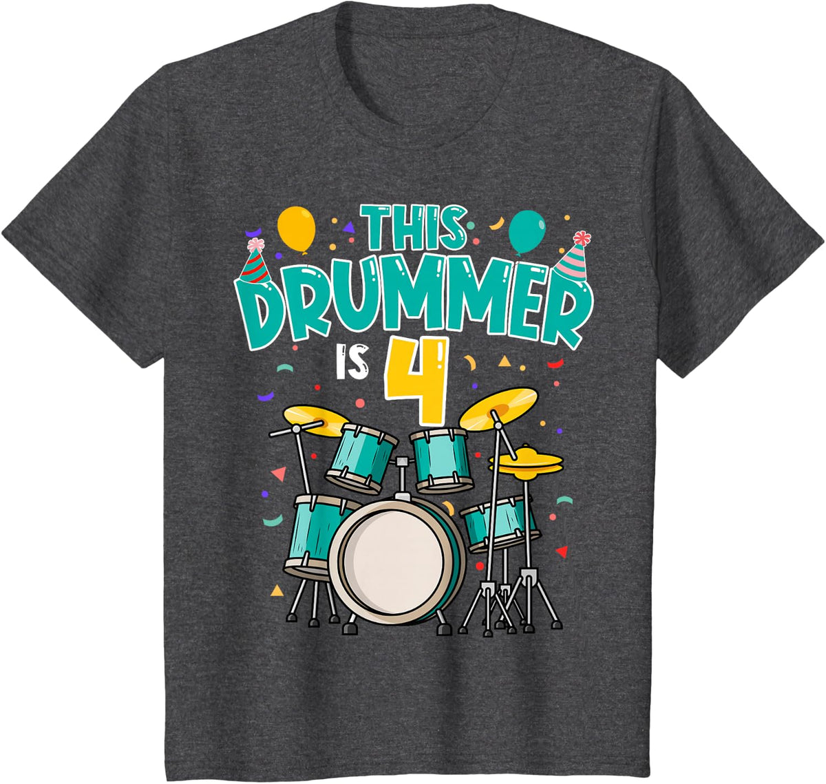 4 Years Old Drummer 4th Birthday Drum Set Drumming T-Shirt - Dark Heather Grey
