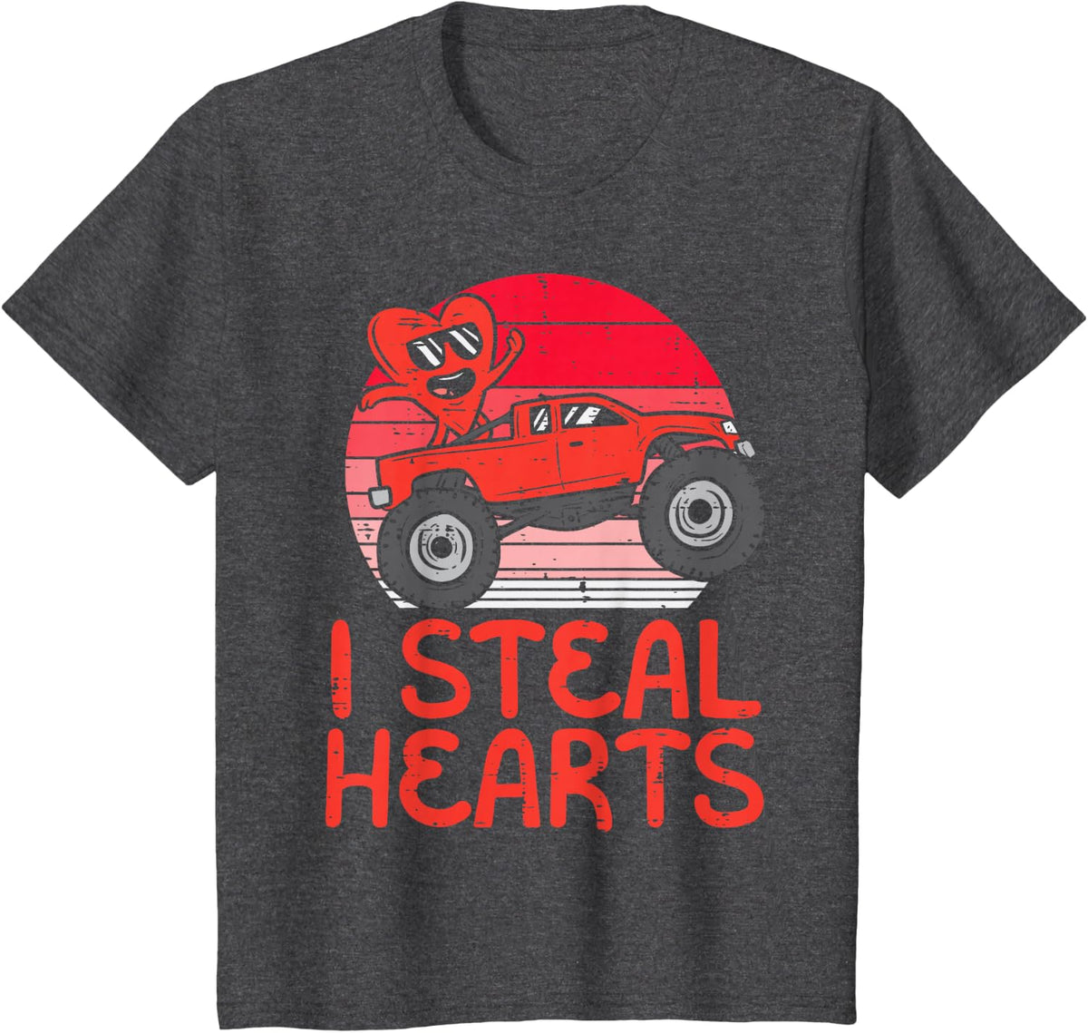 Kids I Steal Hearts Monster Truck Toddler Boys Valentines Day Kid T-Shirt - Dark Heather Grey
