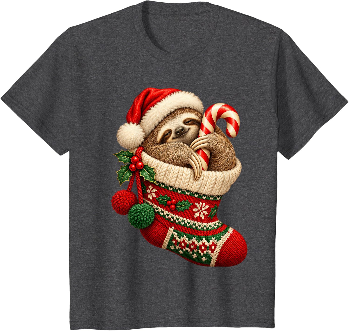 Cute Christmas Sloth in Stocking Santa Hat Candy Cane T-Shirt - Dark Heather Grey