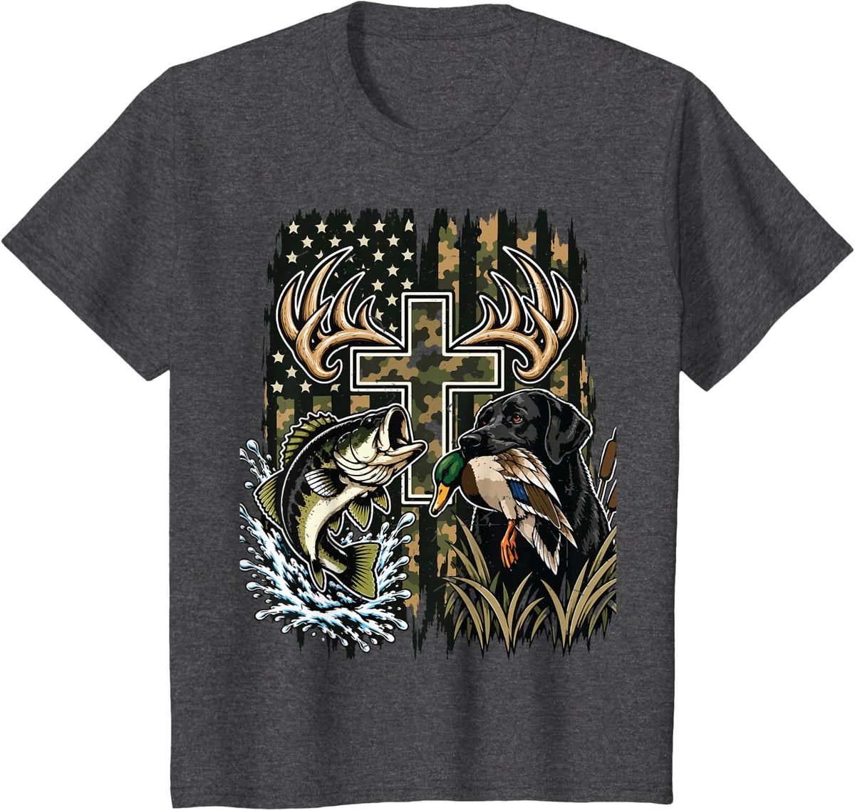 Youth Camo Duck Hunting Dog Black Lab Bass Fish Cross Faith T-Shirt - Dark Heather Grey