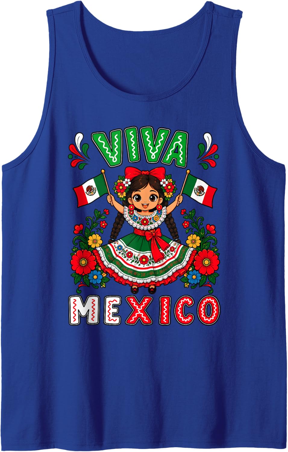 Viva Mexico Mexican Girl Flag Independence Day Girl Kids Sleeveless Tank Top - Royal Blue