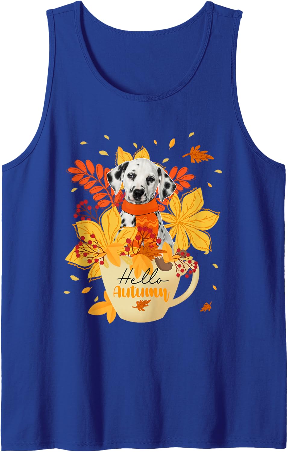 Hello Autumn Thanksgiving Dalmatian Inside Cup Fall Leaves Sleeveless Tank Top - Royal Blue