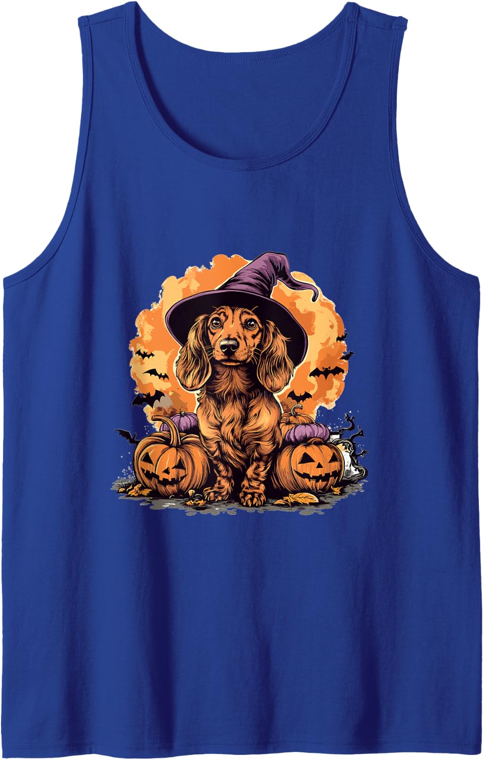 Dachshund Doxie Wiener Dog Whitch Hat Halloween Pumpkin Sleeveless Tank Top - Royal Blue