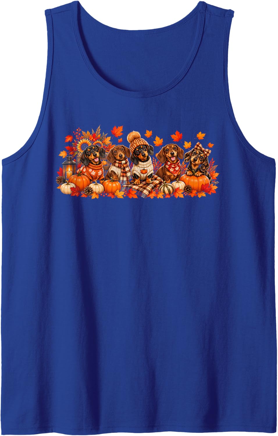 Wiener Dog Dachshund Fall Pumpkin Spice Leaves Thanksgiving Sleeveless Tank Top - Royal Blue