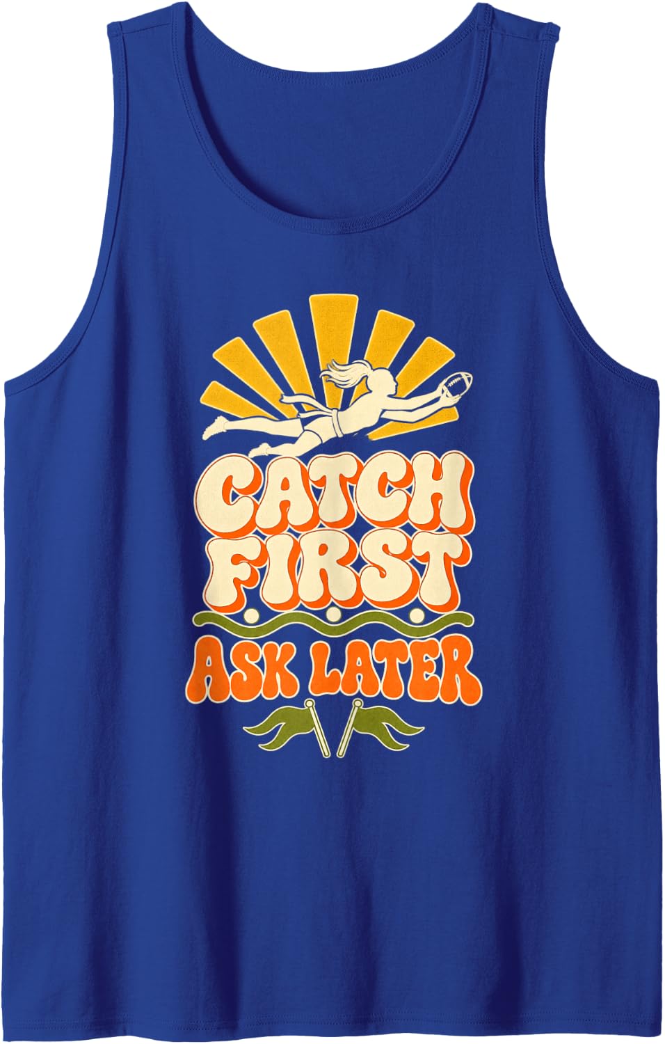 Funny Girls Flag Football Wide Receiver Catch First Sleeveless Tank Top - Royal Blue