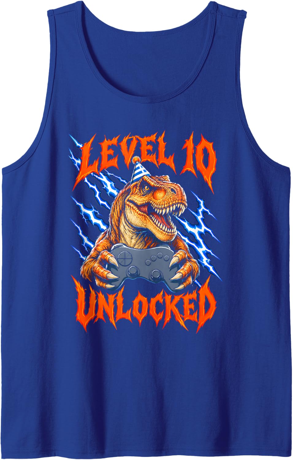Level 10 Unlocked 10th Birthday Gamer Dinosaur Sleeveless Tank Top - Royal Blue