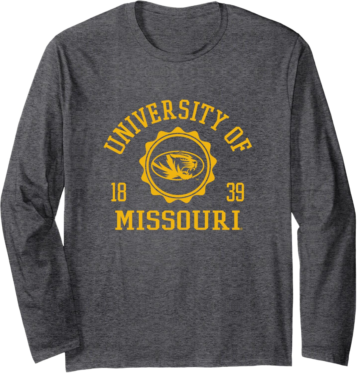 Missouri Tigers Stamp Officially Licensed Long Sleeve T-Shirt - Adult Unisex Dark Heather Grey