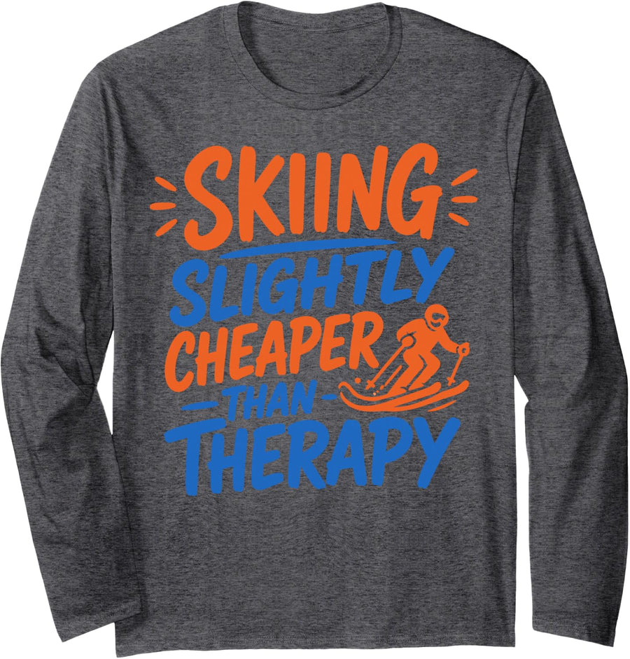 Skiing Funny Winter Sports Skier Long Sleeve T-Shirt - Adult Unisex Dark Heather Grey