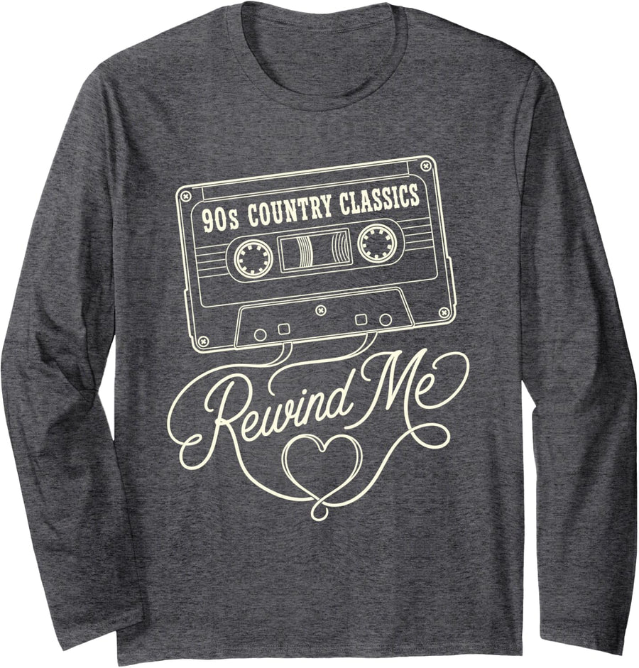 90s Country Classics Rewind Me Nostalgia Music Fans Long Sleeve T-Shirt - Adult Unisex Dark Heather Grey