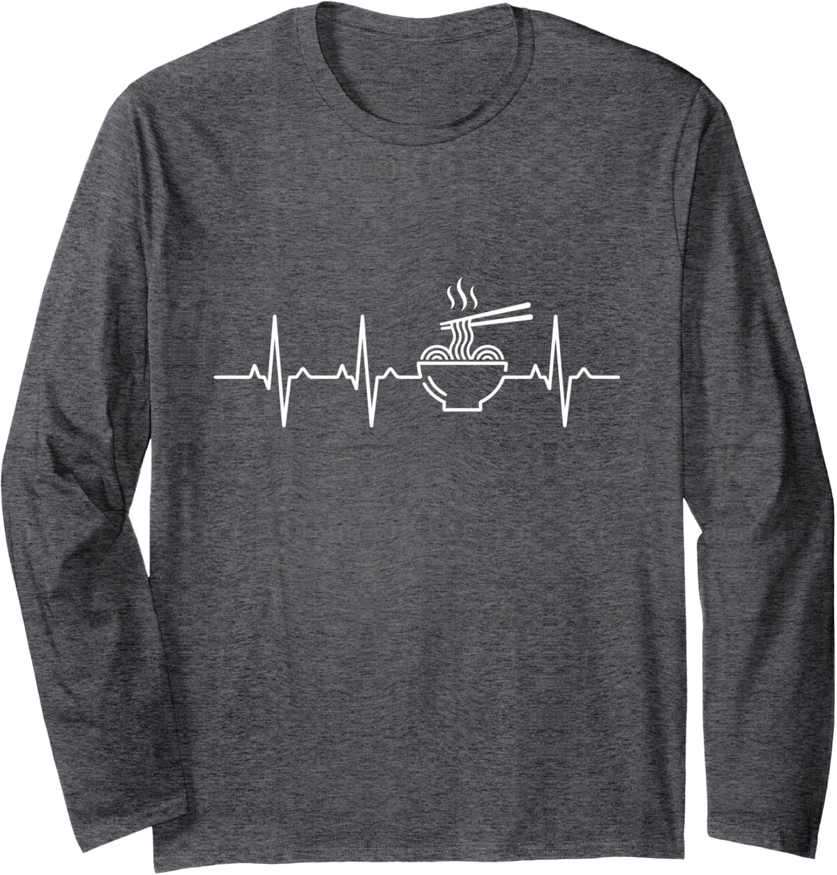 Ramen Heartbeat EKG Japanese Noodle Lover Line Art Long Sleeve T-Shirt - Adult Unisex Dark Heather Grey
