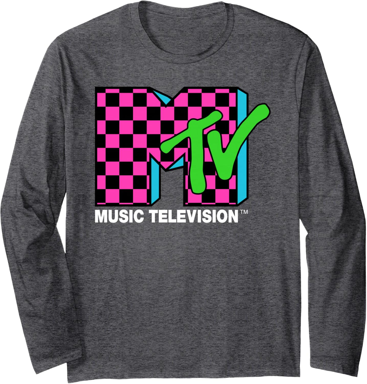 Classic MTV Logo Pink and Blue Checker Design Long Sleeve T-Shirt - Adult Unisex Dark Heather Grey