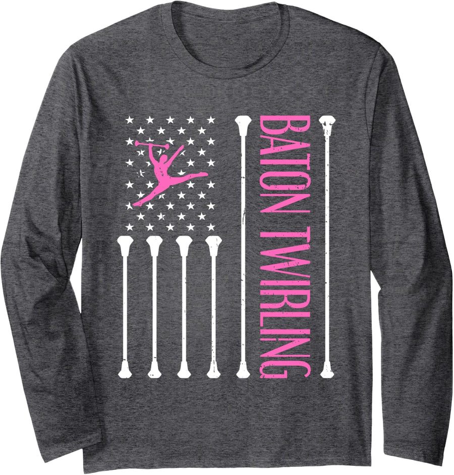Twirler Mom Twirler Majorettes Baton Twirling American Flag Long Sleeve T-Shirt - Adult Unisex Dark Heather Grey