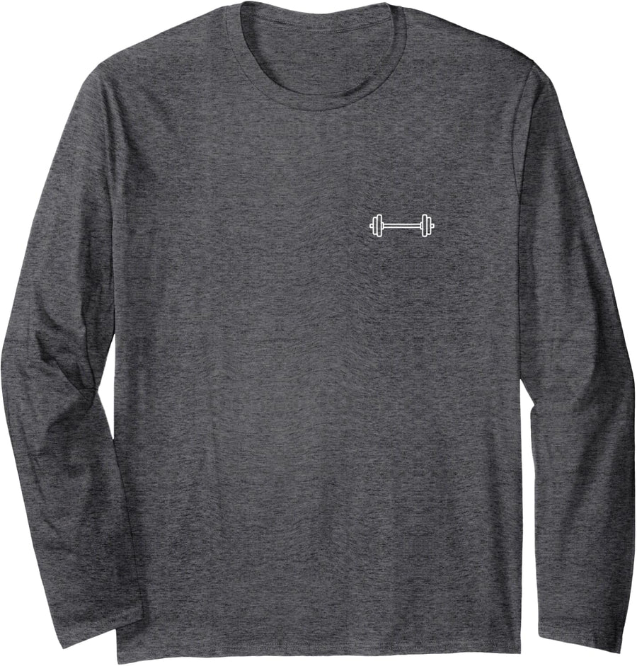 Barbell Weightlifting Gym Cute Minimalist Doodle Pocket Long Sleeve T-Shirt - Adult Unisex Dark Heather Grey
