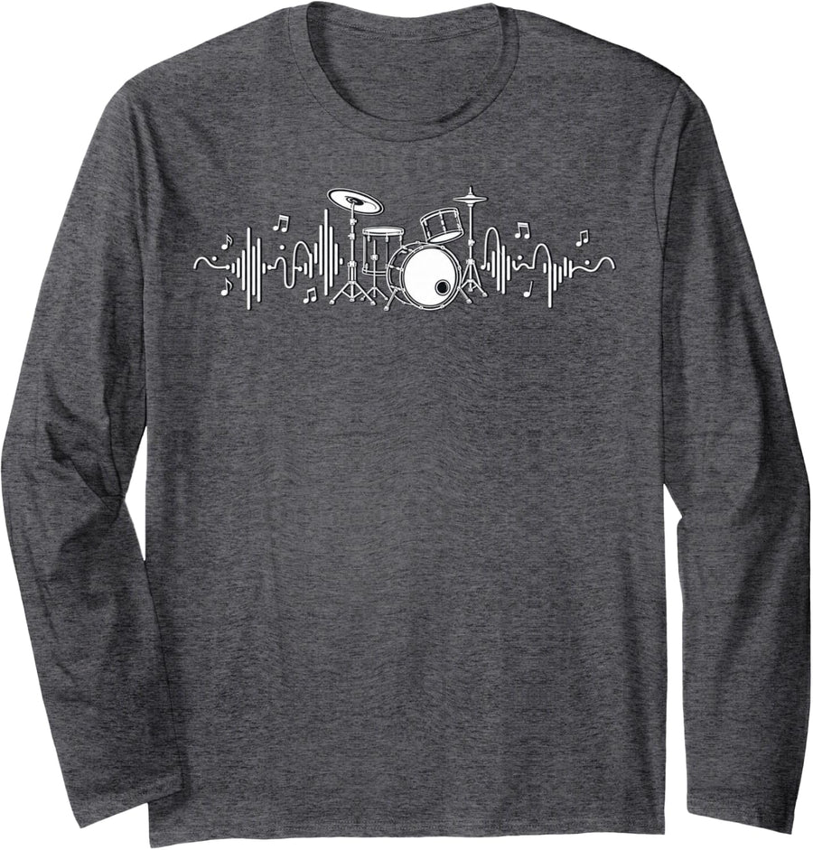 Heartbeat Drum Kit Illustration Long Sleeve T-Shirt - Adult Unisex Dark Heather Grey