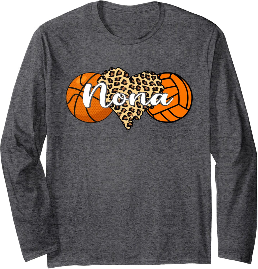 Nona Basketball Volleyball Leopard Heart Ball Nona Long Sleeve T-Shirt - Adult Unisex Dark Heather Grey