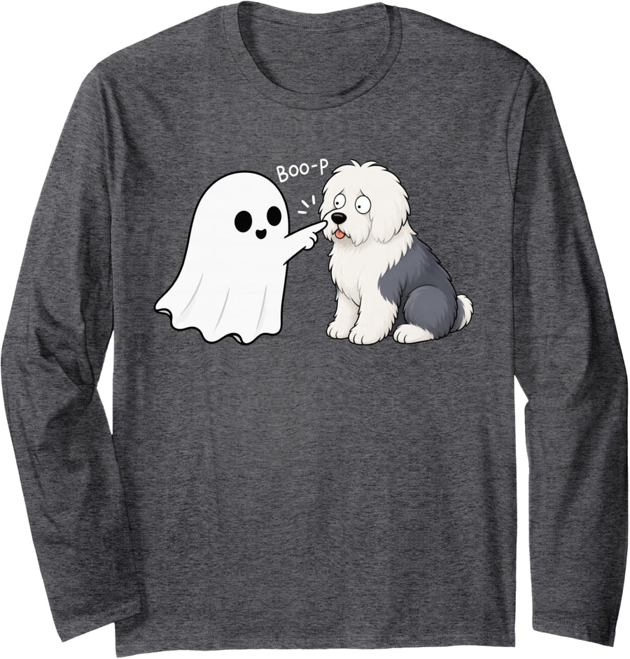 Cute Old English Sheepdog Dog Boop Ghost Halloween Long Sleeve T-Shirt - Adult Unisex Dark Heather Grey
