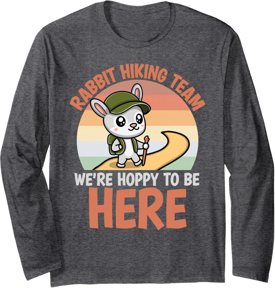 We're Hoppy to Be Here Rabbit Hiking Team Pun Long Sleeve T-Shirt - Adult Unisex Dark Heather Grey