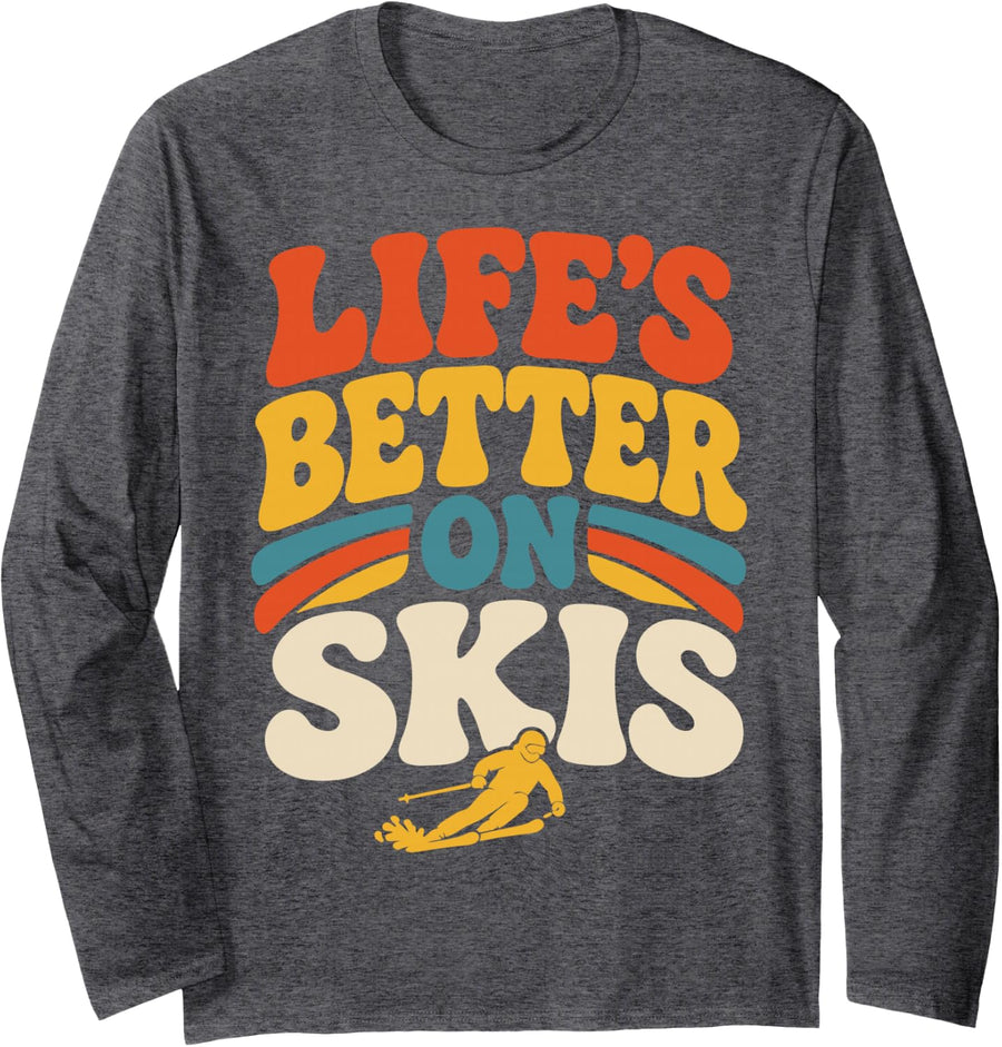 Retro Skiing Lover Winter Sports Skier Long Sleeve T-Shirt - Adult Unisex Dark Heather Grey