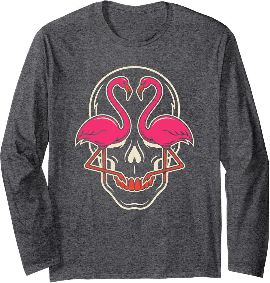 Pink Flamingo Skull Tropical Bird Lover Humor for Women Long Sleeve T-Shirt - Adult Unisex Dark Heather Grey