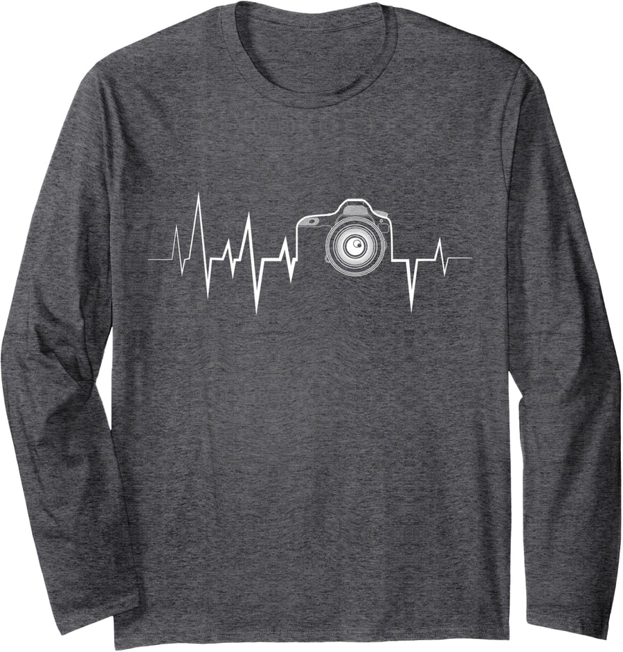Photography Camera Heartbeat Long Sleeve T-Shirt - Adult Unisex Dark Heather Grey