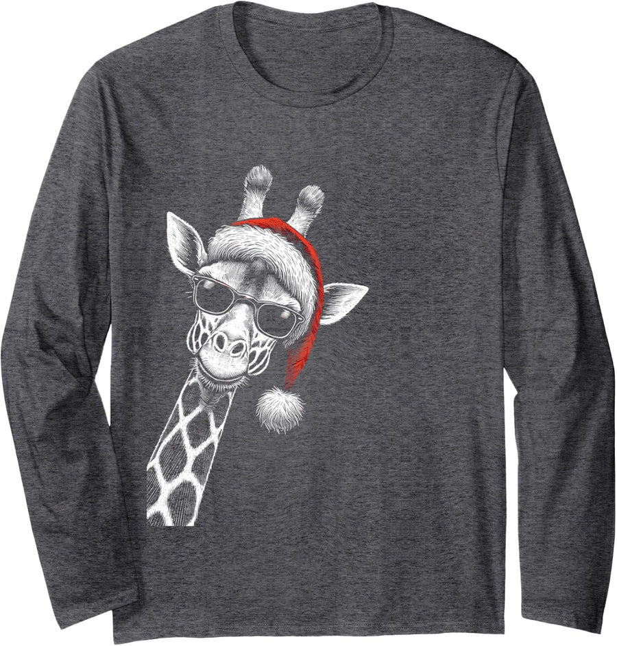Giraffe Christmas Santa Hat Pajama Funny Giraffe Xmas Long Sleeve T-Shirt - Adult Unisex Dark Heather Grey
