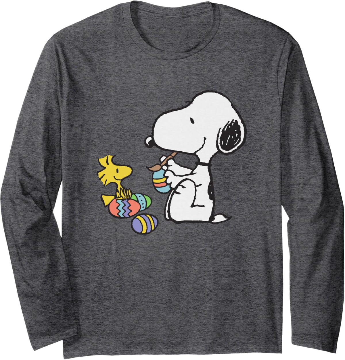 Peanuts Snoopy and Woodstock Easter Eggs Long Sleeve T-Shirt - Adult Unisex Dark Heather Grey
