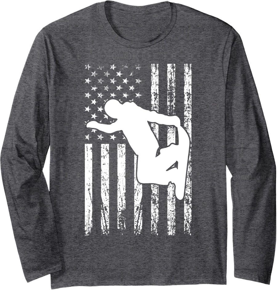 Vintage Snowboard 4th Of July Snowboarding USA American Flag Long Sleeve T-Shirt - Adult Unisex Dark Heather Grey