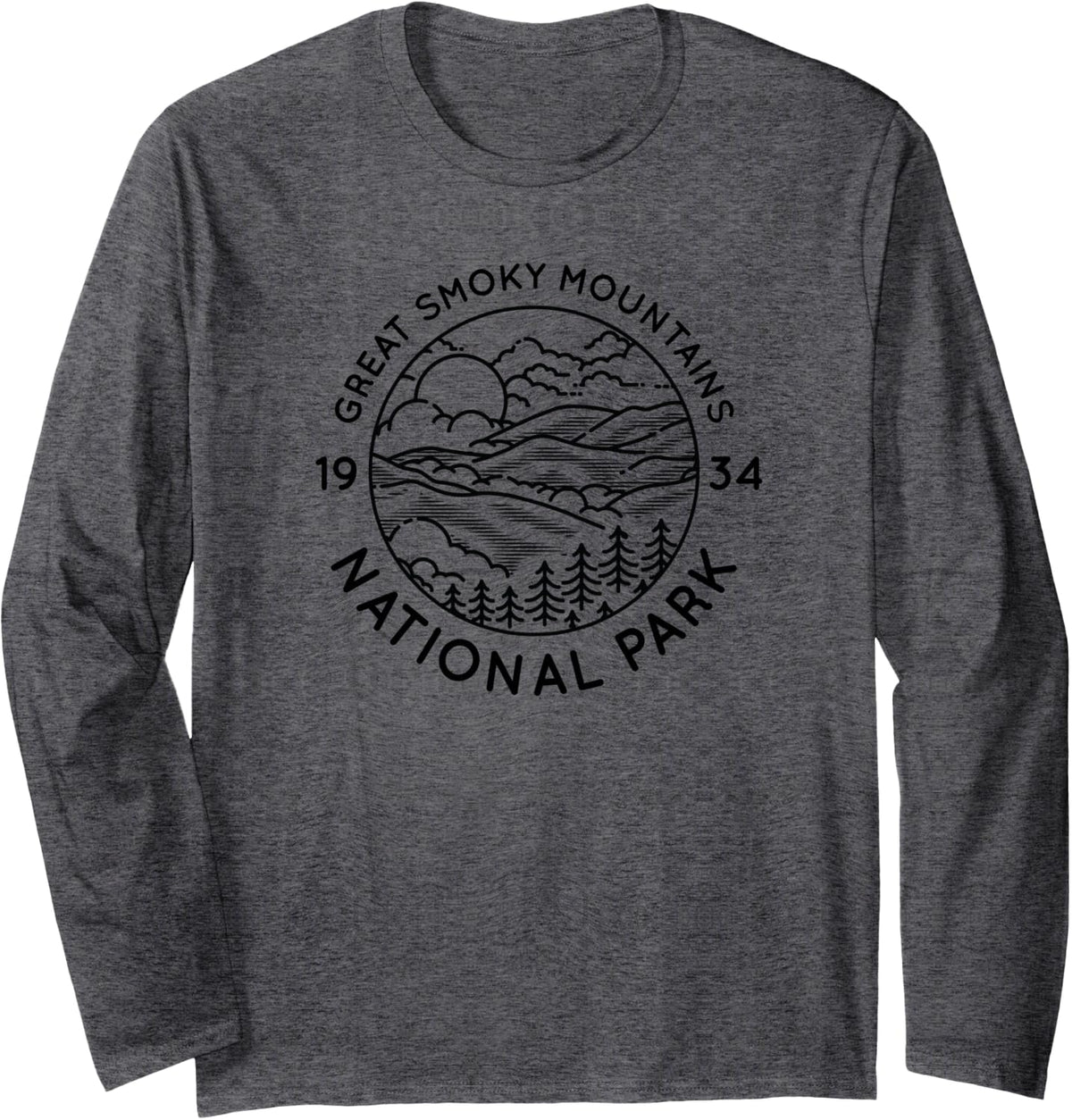 Great Smoky Mountains National Park Cool Black Line Art Long Sleeve T-Shirt - Adult Unisex Dark Heather Grey