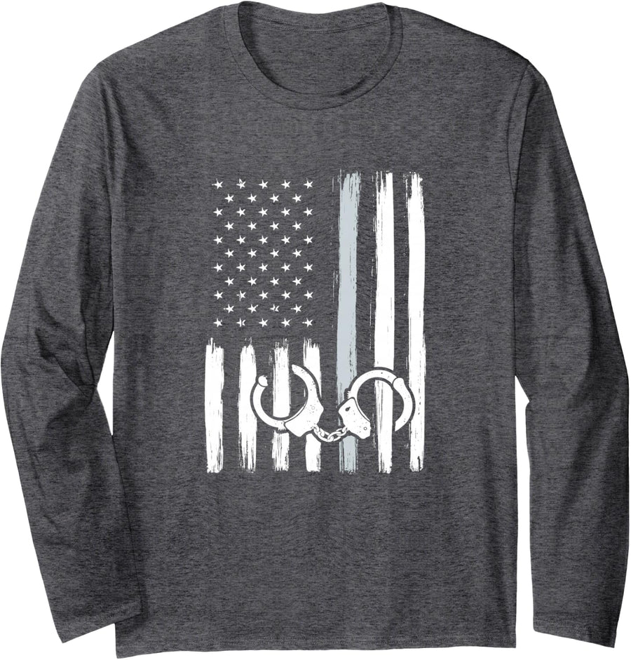 American Flag Thin Silver Line - Correction Officer Long Sleeve T-Shirt - Adult Unisex Dark Heather Grey