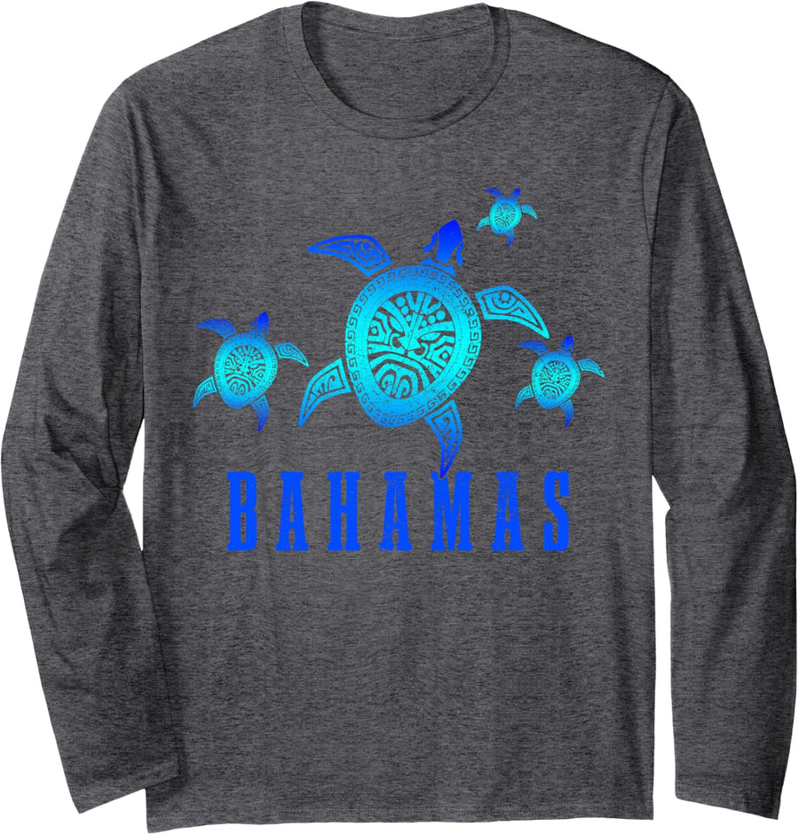 Bahamas Sea Turtle Tribal Pattern Scuba Diving Diver Bahamas Long Sleeve T-Shirt - Adult Unisex Dark Heather Grey