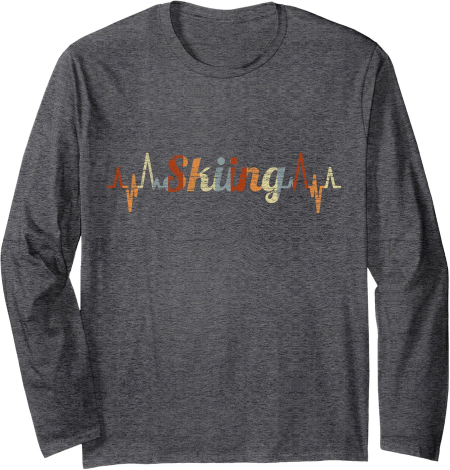 Skiing Heartbeat Vintage ECG Cardiogram Retro Long Sleeve T-Shirt - Adult Unisex Dark Heather Grey
