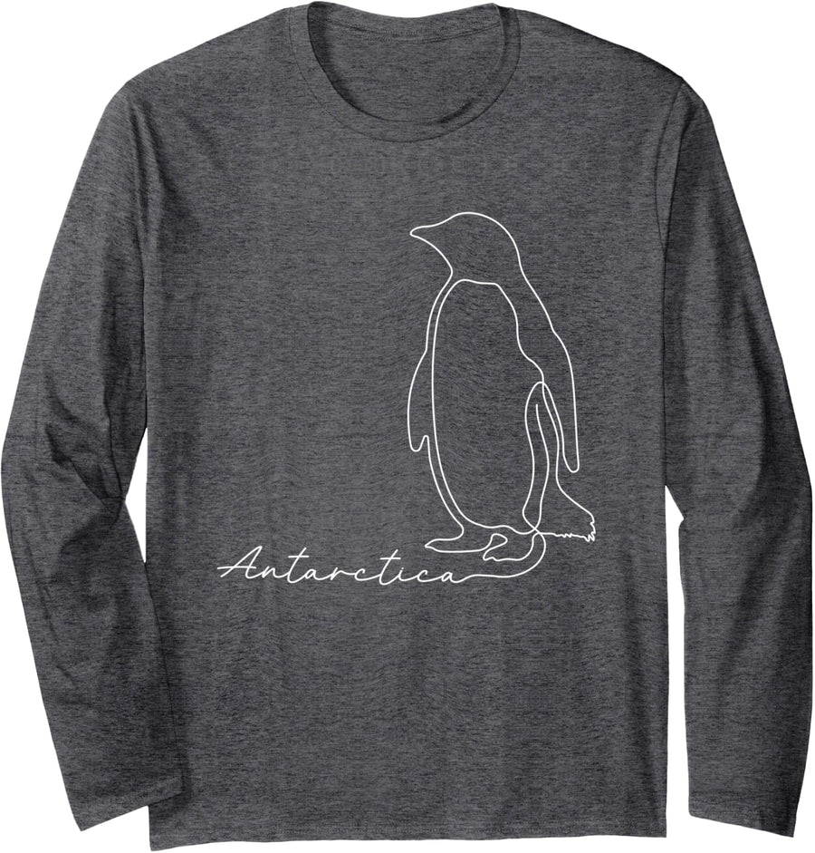 Antarctica Penguin Antarctic Research Line Drawing Souvenir Long Sleeve T-Shirt - Adult Unisex Dark Heather Grey