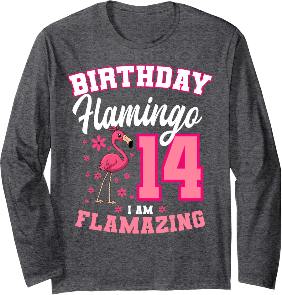 Birthday Flamingo 14 I Am Flamazing Bday Celebration Long Sleeve T-Shirt - Adult Unisex Dark Heather Grey
