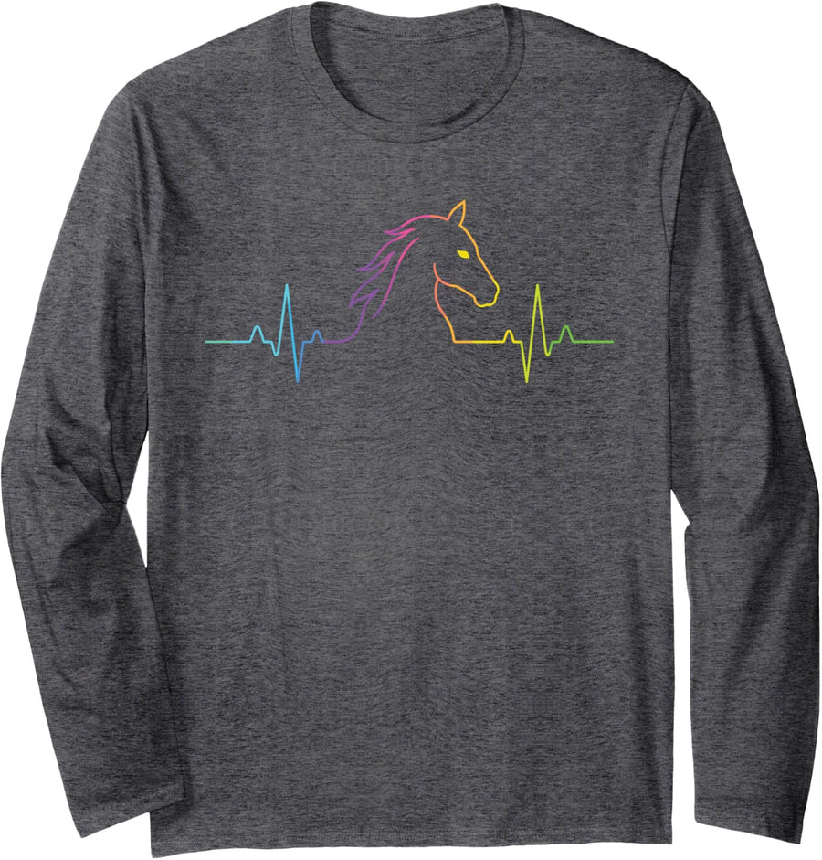 Heartbeat Horse Lover Equestrian Horse Silhouette Long Sleeve T-Shirt - Adult Unisex Dark Heather Grey