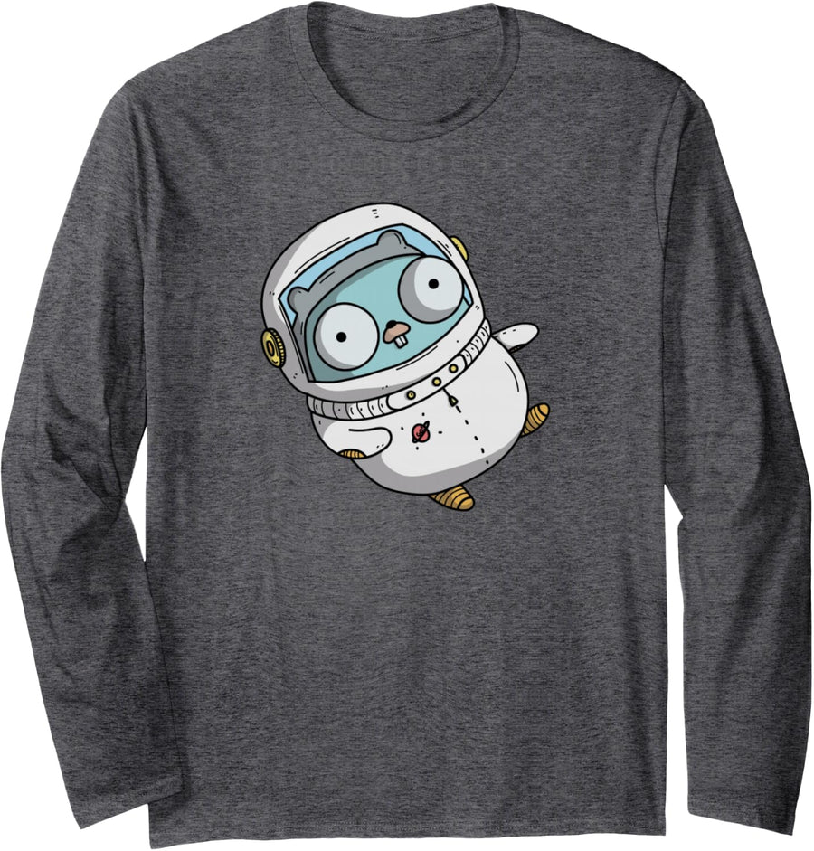 Astronaut Gopher Tee - Fun Programmer Developer GO Lang Logo Long Sleeve T-Shirt - Adult Unisex Dark Heather Grey
