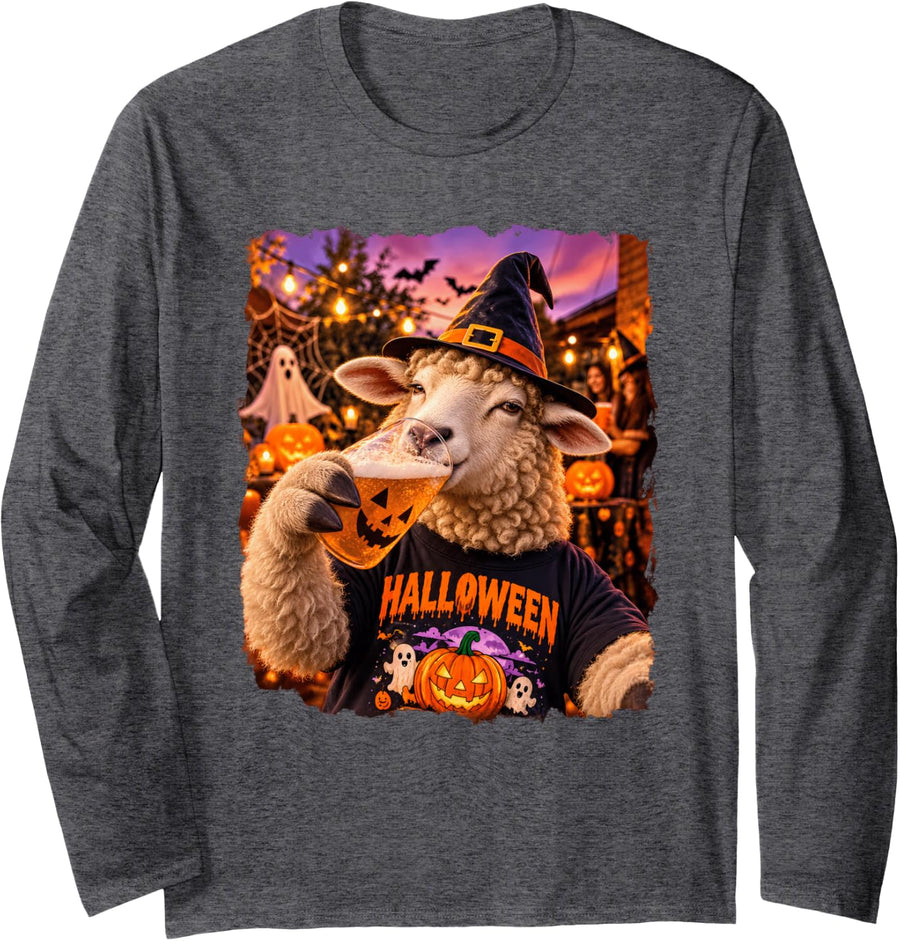 Halloween Witch Sheep Drinking Pumpkin Cup Funny Costume Long Sleeve T-Shirt - Adult Unisex Dark Heather Grey