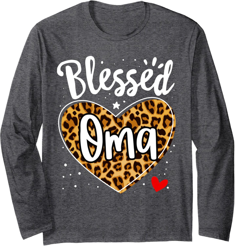 Blessed Oma Mom Leopard Print Nana Mother's Day Grandma Mama Long Sleeve T-Shirt - Adult Unisex Dark Heather Grey
