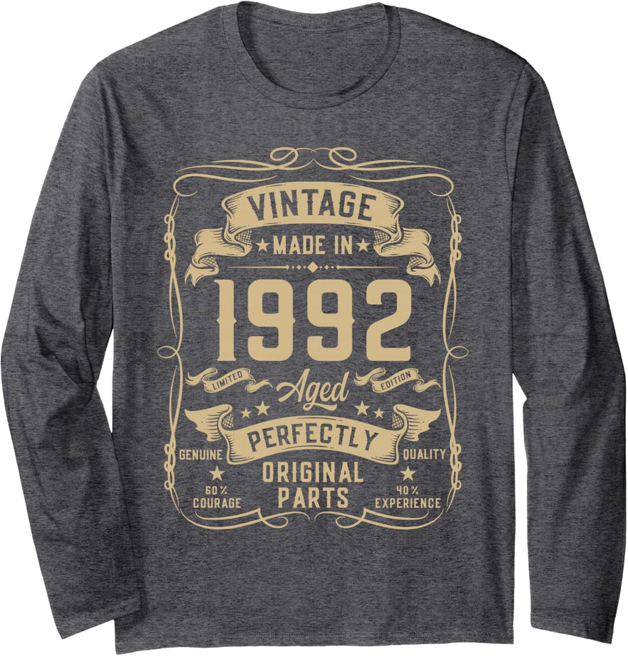 Vintage 1992 34yr 34th Birthday Gifts for Men 34 Years Old Long Sleeve T-Shirt - Adult Unisex Dark Heather Grey